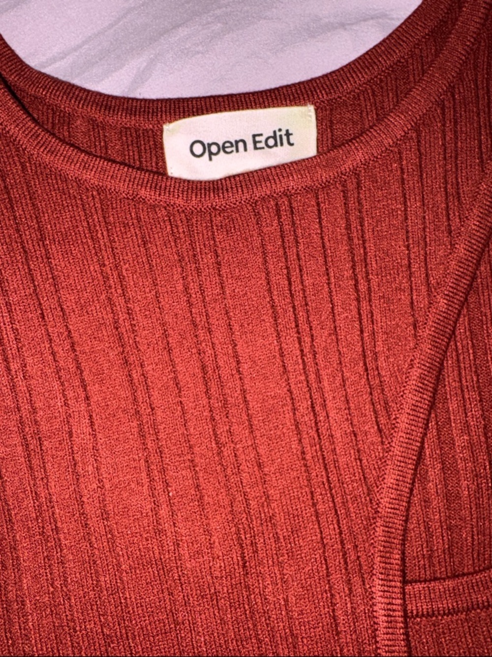 Open Edit Women's Off-the-Shoulder Ribbed Sweater in Rust - Picture 2 of 6